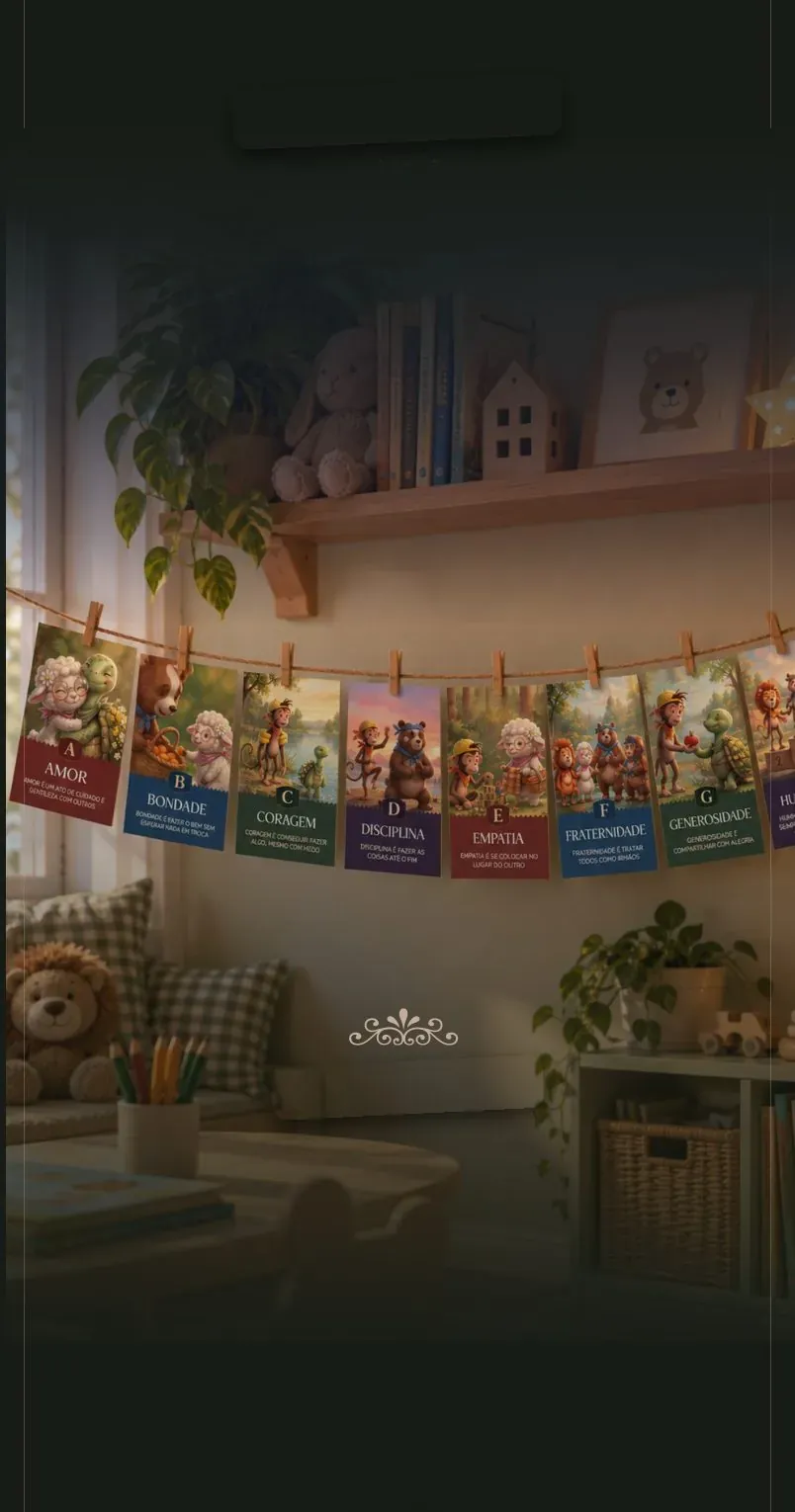 Varal das Virtudes pendurado no quarto infantil