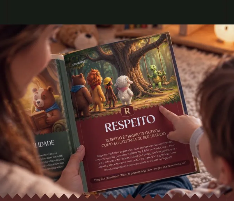 Mãe e filho leem a página da virtude Respeito no guia